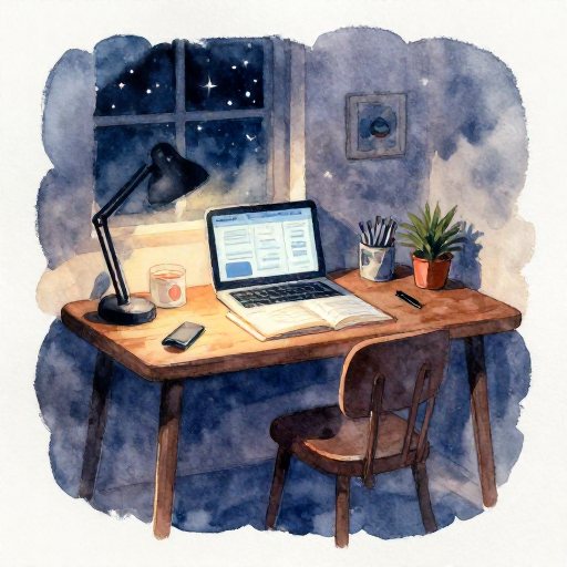 A cozy desk at night by a window, with a lamp, a laptop, books and a plant, in watercolour. Made by GreenCube.